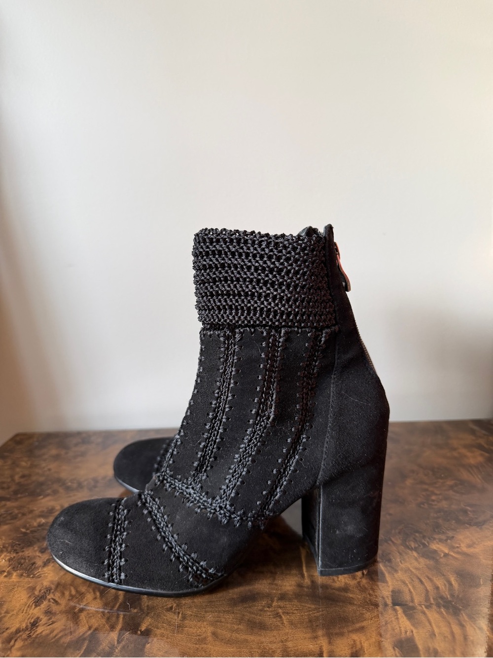 Silent D "Partie" Black Suede Knit-Cuff Block Heel Ankle Boots